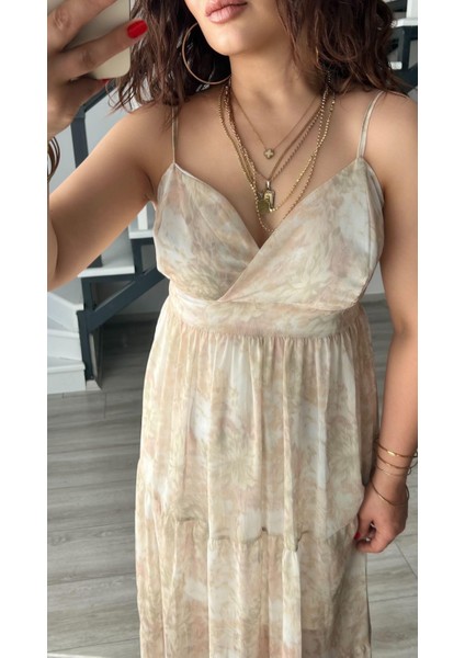 Bej Floral Desen Ayarlanabilir Askılı Şifon Elbise fırsatları
