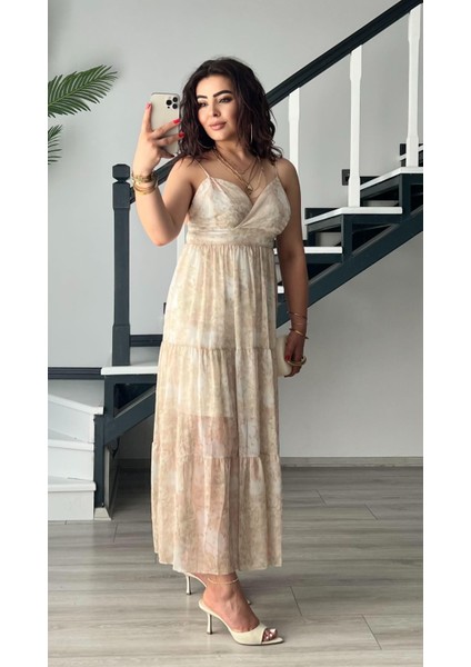 Bej Floral Desen Ayarlanabilir Askılı Şifon Elbise indirimleri