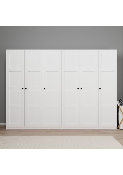 Lucas 6 Kapaklı, 12 Raf Bölmeli, Askılıklı Geniş Elbise Dolabı, Gardırop, Beyaz 190*270 fiyatları