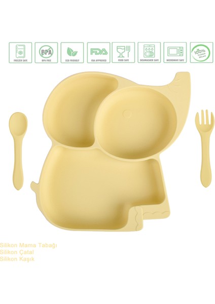 Vakumlu Silikon Mama Tabağı, Altı Vakumlu Mama Tabak, Silikon Kaşık, Çatal / Sarı