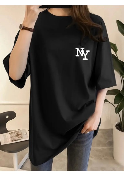 Baskılı Oversize Bisiklet Yaka T-Shirt - Siyah