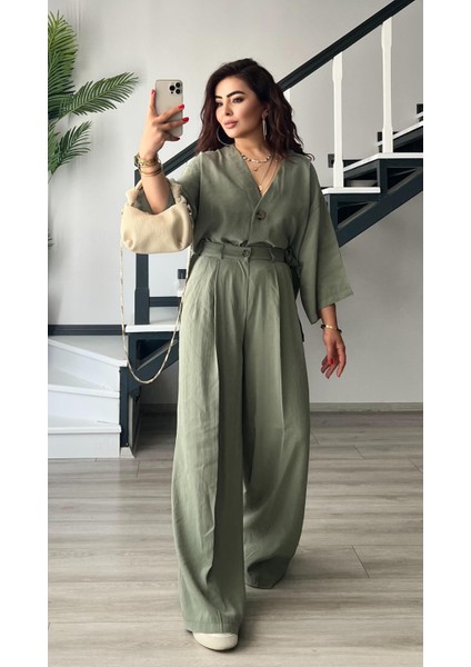 Çağla Yeşili Tnsel Tek Düğme Bluz -Pantolon Takım