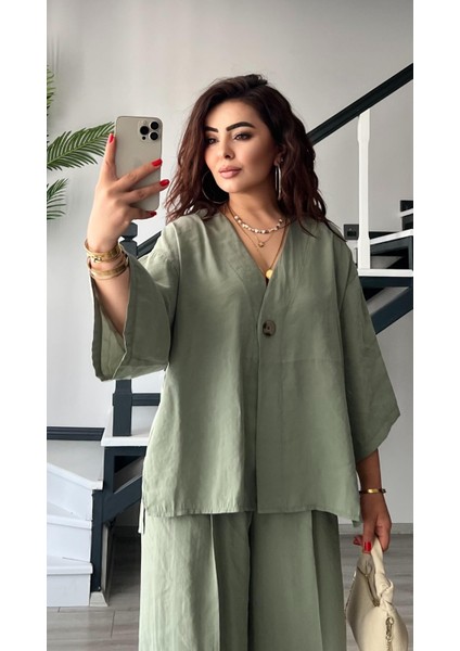 Çağla Yeşili Tnsel Tek Düğme Bluz -Pantolon Takım
