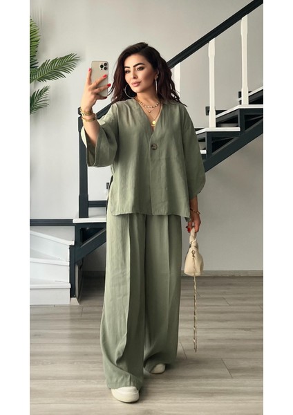 Çağla Yeşili Tnsel Tek Düğme Bluz -Pantolon Takım