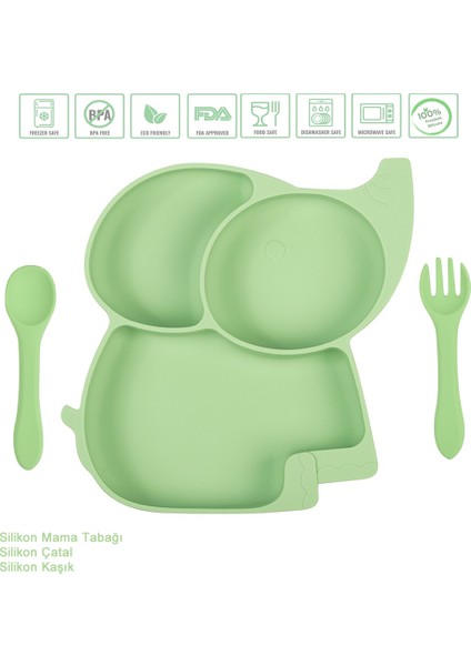 Vakumlu Silikon Mama Tabağı, Silikon Çatal ve Kaşık / Yeşil