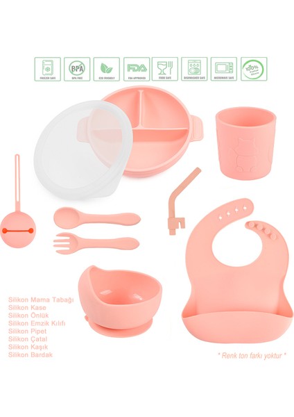 Silikon Beslenme Seti Vakumlu Silikon Mama Tabağı ve Kasesi, Silikon Çatal ve Kaşık, Bardak