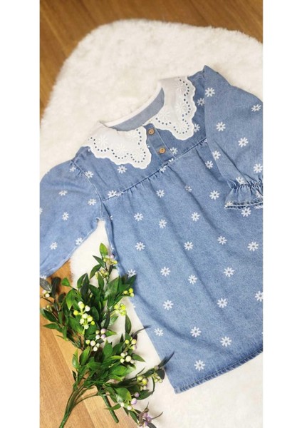 Papatya Detayli Kız Çocuk Kot Elbise. Beyaz Yaka Elbise 2-8 Yaş.