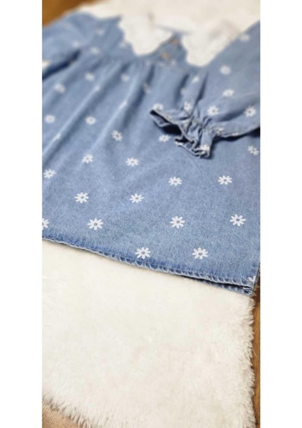 Papatya Detayli Kız Çocuk Kot Elbise. Beyaz Yaka Elbise 2-8 Yaş. fiyatları