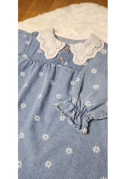 Papatya Detayli Kız Çocuk Kot Elbise. Beyaz Yaka Elbise 2-8 Yaş. modelleri