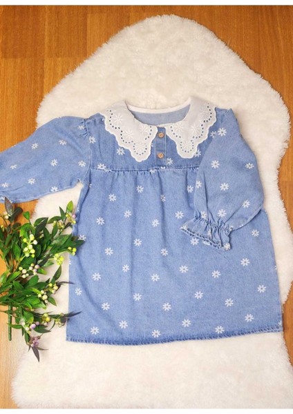 Papatya Detayli Kız Çocuk Kot Elbise. Beyaz Yaka Elbise 2-8 Yaş. fırsatları