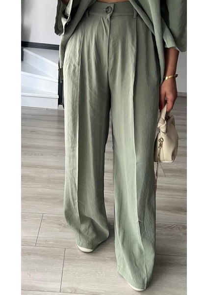 Çağla Yeşili Tnsel Tek Düğme Bluz -Pantolon Takım
