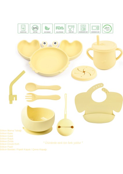 Silikon Beslenme Seti, Vakumlu Mama Tabağı ve Kase, Kelebek Önlük, Bardak, Çatal, Kaşık / Sarı