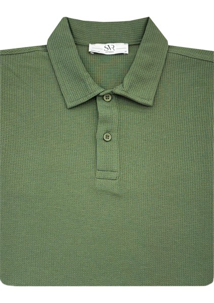 Bol Kesim Waffle Desenli Yumuşak Dokulu Çift Kat Yakalı Polo Yaka T-Shirt