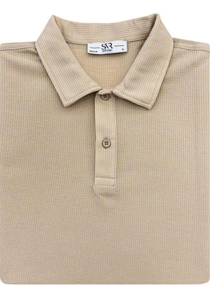 Bol Kesim Waffle Desenli Yumuşak Dokulu Çift Kat Yakalı Polo Yaka T-Shirt