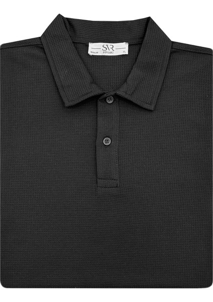 Bol Kesim Waffle Desenli Yumuşak Dokulu Çift Kat Yakalı Polo Yaka T-Shirt