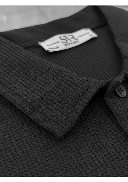 Bol Kesim Waffle Desenli Yumuşak Dokulu Çift Kat Yakalı Polo Yaka T-Shirt fiyatları