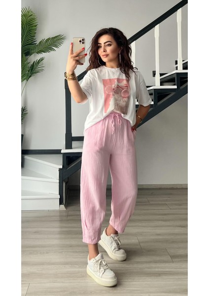 Pembe Paça Pensli Müslin Pantolon