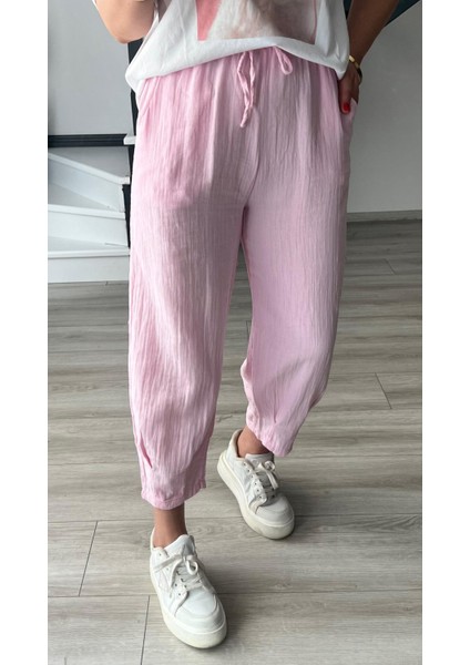 Pembe Paça Pensli Müslin Pantolon