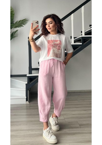 Pembe Paça Pensli Müslin Pantolon