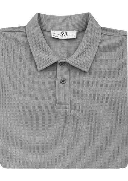 Bol Kesim Waffle Desenli Yumuşak Dokulu Çift Kat Yakalı Polo Yaka T-Shirt