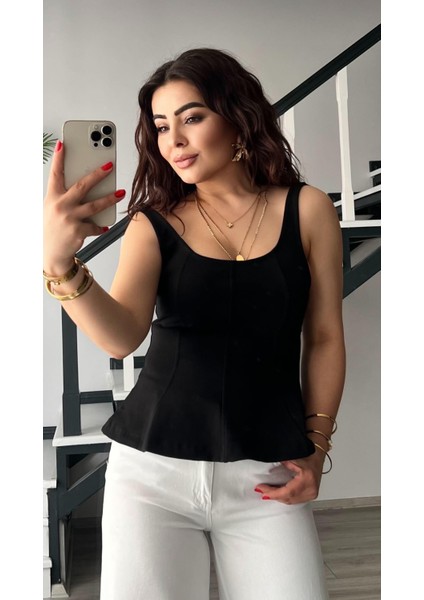 Siyah Kalın Askılı Peplum Bluz modelleri