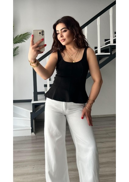 Siyah Kalın Askılı Peplum Bluz fırsatları