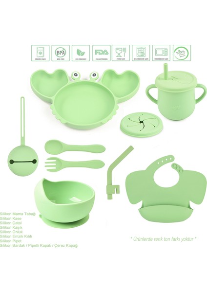 Silikon Beslenme Seti, Vakumlu Mama Tabağı ve Kase, Kelebek Önlük, Bardak, Çatal, Kaşık / Yeşil