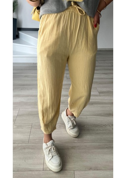 Sarı Paça Pensli Müslin Pantolon