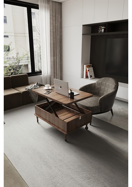 Nino Akıllı Sehpa Tekerli Ayaklı Yemek Masası Çalışma Masası Ceviz Renk