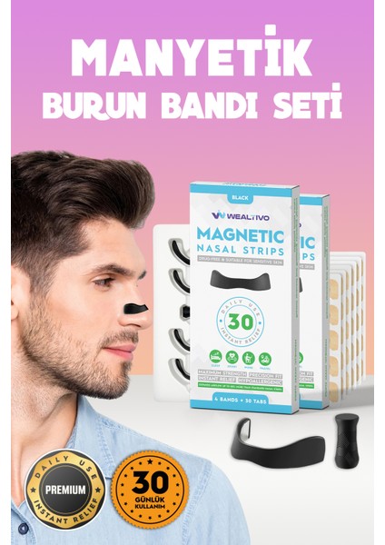 Manyetik Siyah Burun Bandı 60’lı Paket Premium, Nefes Açan, Horlamayı Azaltan, Rahat Uyku ve Spor İçin