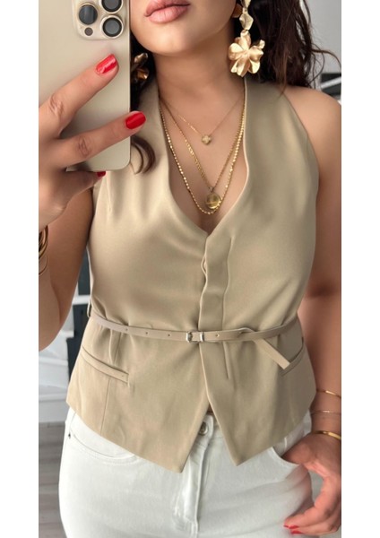 Bej Belden Kemerli Yelek modelleri