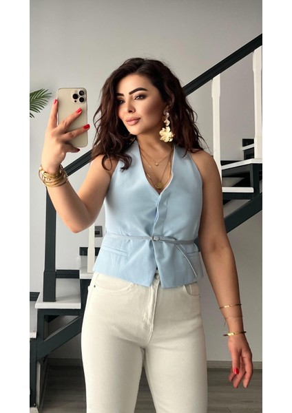 Bebe Mavi Belden Kemerli Yelek