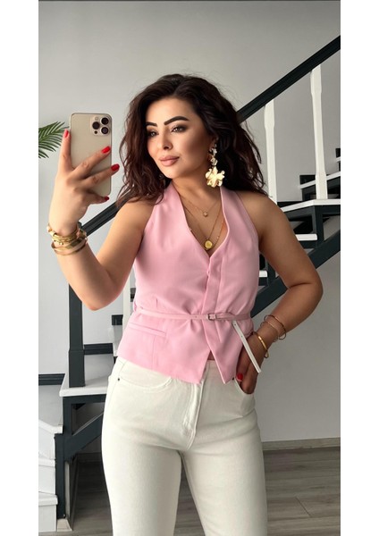 Şeker Pembe Belden Kemerli Yelek