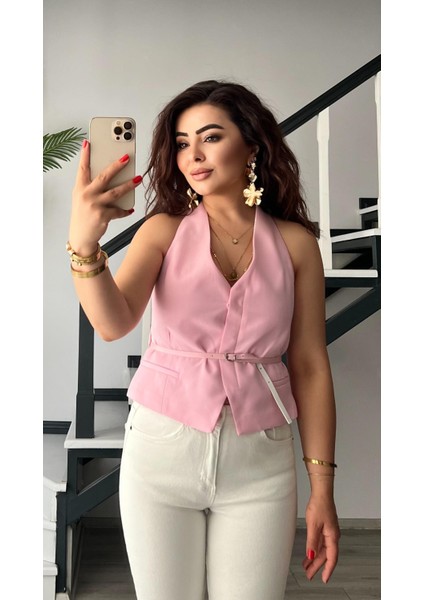 Şeker Pembe Belden Kemerli Yelek modelleri