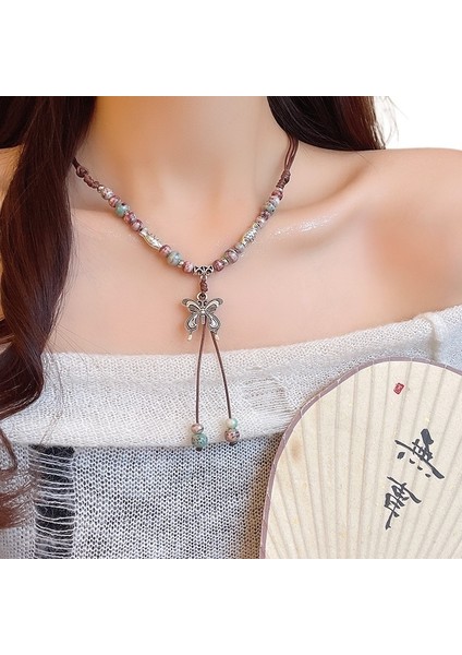 Yeni Çin Etnik Tarzı Boncuklu Püskül Kelebek Kolye Kadın Yeni Retro Örgülü Köprücük Kemiği Zinciri Niş Kolye (Yurt Dışından)