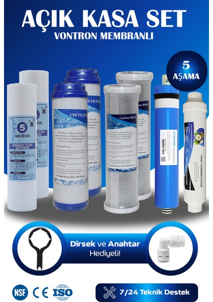 Açık Kasa 5 Aşama Su Arıtma Cihazı Çift Karbonlu Yıllık Filtre Seti (NSF ONAYLI VONTRON MEMBRANLI)