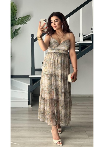 Yeşil Floral Desen Ayarlanabilir Askılı Şifon Elbise