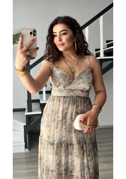 Yeşil Floral Desen Ayarlanabilir Askılı Şifon Elbise fiyatları