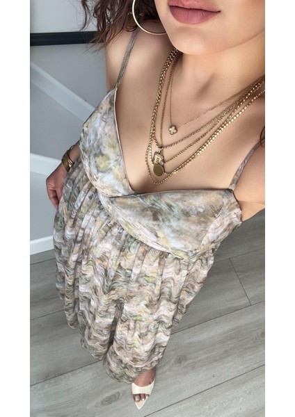 Yeşil Floral Desen Ayarlanabilir Askılı Şifon Elbise modelleri