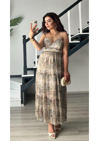 Yeşil Floral Desen Ayarlanabilir Askılı Şifon Elbise fırsatları