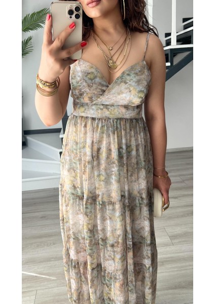 Yeşil Floral Desen Ayarlanabilir Askılı Şifon Elbise indirimleri