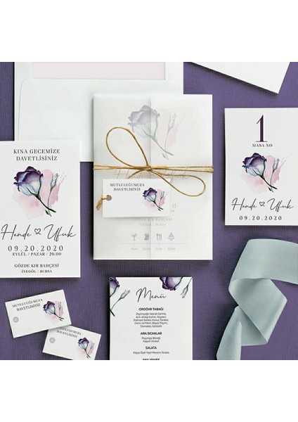 Violet Şeffaf Zarflı Düğün Davetiyesi modelleri