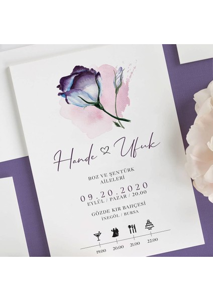 Violet Şeffaf Zarflı Düğün Davetiyesi fiyatları