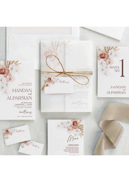 Roza Şeffaf Zarflı Düğün Davetiyesi