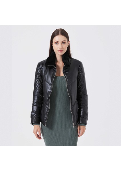 Siyah Deri-Tekstil Kadın Deri Mont - K23KDM320414-Q7W