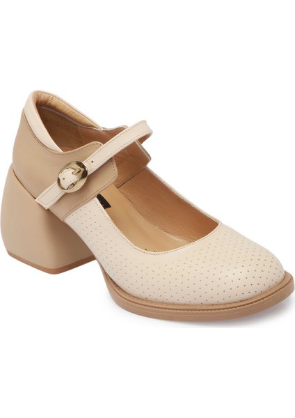 Bej Hakiki Deri Kadın Topuklu Ayakkabı - K24I1AY67291-A25