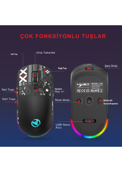 T90 Kablosuz 3 Modlu MOUSE-650 Mah BATARYA-4800 Fps-Özel Baskılı Tasarım-Rgb fırsatları