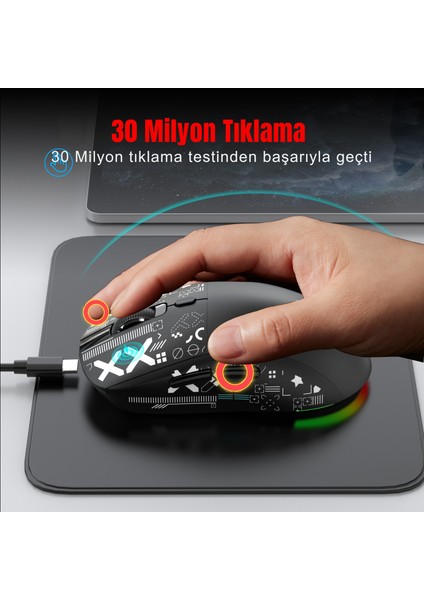 T90 Kablosuz 3 Modlu MOUSE-650 Mah BATARYA-4800 Fps-Özel Baskılı Tasarım-Rgb