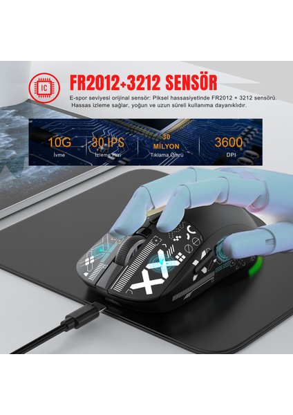 T90 Kablosuz 3 Modlu MOUSE-650 Mah BATARYA-4800 Fps-Özel Baskılı Tasarım-Rgb