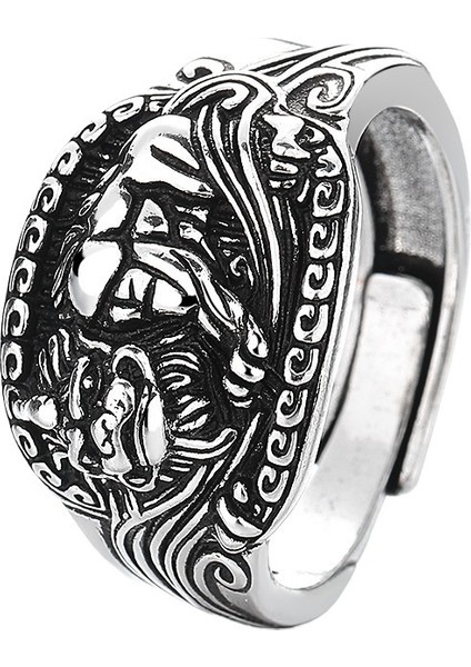 Retro Etnik Stil Pixiu Yüzük Erkek Egemen Kişilik Tay Gümüş Trendi Eski Boyalı Siyah El Sanatları Yaratıcı Işaret Parmağı Yüzüğü (Yurt Dışından)